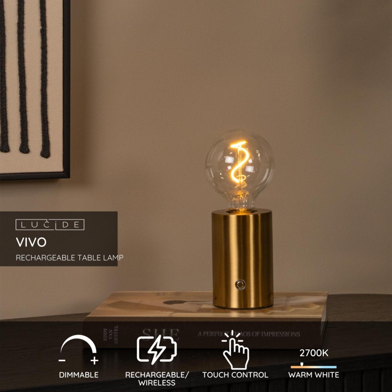 Lucide VIVO - Rechargeable Table lamp - Battery pack - Ø 8 cm - LED Dim. - E27 - 1x1W 2700K - Matt Gold / Brass